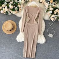 2021 Sonbahar Yeni Tasarım kadın Kare Yaka Uzun Kollu Katı Renk Bodycon Tunik Seksi MIDI Uzun Kalem Örme Elbise