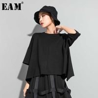 [EAM] Kadınlar Siyah Geri Fermuar Bölünmüş Ortak Büyük Boy T-shirt Yeni Yuvarlak Boyun Yarım Kollu Moda Gelgit İlkbahar Yaz 2021 1U514 G0922
