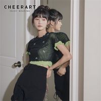 Rüschen Mesh Crop Top Frauen Sommer Kurzarm T-Shirt Grün Tight Gefälschte 2 Stück Tee Korean Trendy 210427
