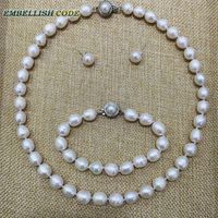 イヤリングネックレス低価格9-10ミリメートル白真珠ブレスレットイヤリングセット本物の自然培養淡水ティドロップ形状古典的な女性