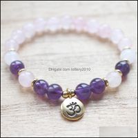 Beaded, Strands Bracelets Jewelry Mg1336 Natural Rose Quartz Wrist Mala Yoga Bracelet Amethyst Crystals Handamde Spiritual Healing For Women