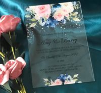 その他のイベントパーティー用品アクリルの結婚式の招待状、カスタム10ピースネイビーブルー、淡いピンクのバラ、牡丹の結婚式招待、パーティーの恩恵