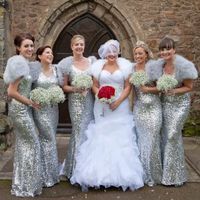 Gümüş Sequins Nedime Elbiseler V Boyun Kat Uzunluk İlkbahar Yaz Bahçe Kırsal Hizmetçi Onur Üyeleri Düğün Konuk Terzi Made Artı Boyutu Mevcut