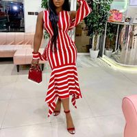 Red Striped Summer Sukienka Kobiety Plus Rozmiar Batwing Rękaw Slim Fashion Street Wear Fishtail Mid Calf Robe Dresses Maxi 210510