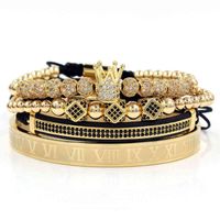 Luxury 4Pcs Set Men's Gold Crown Bracelet Set Stainls Steel Numbers Engraved Bangle CZ Crown Braided Macrame Bracelets
