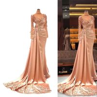 2022 Luxe Blush Pink Sexy Avondjurken Dragen Hoge Hals Illusion Crystal Beading Lange Mouwen Open Back Prom Dress Pageant Formal Toga Plus Size
