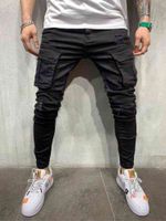 Mannen gescheurde skinny jeans multi-pocket slanke potlood broek 2021 lente zwart nieuwe mannelijke overalls straat hiphop moto fietskleding G0104