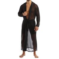 남성 캐주얼 셔츠 남성 See-Through 스티치 프론트 메쉬 투명한 긴 셔츠 잠옷 남성 게이 섹시한 란제리 슬리브 목욕 가운 탑스