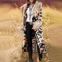 Women's Trench Coats Lugentolo Cardigan Women Long Sleeve Print Big Fur Collar Female Casual Large Size Lapel Fashion Jackets