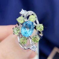 Pierścienie klastrowe Naturalne Prawdziwe Blue Topaz Peridot Prestiżowy Pierścionek na biżuterię 2.5ct * 1 pc 0.3ct * 6 sztuk Gemstone 925 Srebro Fine T215115