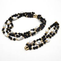 GuaiGuai Jewelry 3 Rows Black Onyx Faceted Beads Cultured White Reborn Keshi Pearl Statement Bracelet Necklace Sets Classic For Women