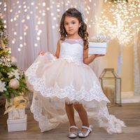 Hi-Lo Flower Girl Dress 2022 with Big Bow High Low Princess Little Baby Girls Pageant Gowns Puffy Infant First Communion Birthday Formal Party Wear Lace Train
