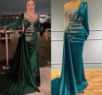 Emerald Green Muslim Evening Dresses Long Sleeve Crystal Bea...