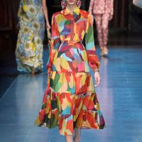 カジュアルドレスのドレス秋2021ファッションデザイン印刷女性の長いシンプルさの気質ハイウエストラペルスリーブ西部スタイル