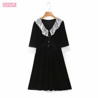 V-neck Black Simple Sweet Female Dress Lace Short Sleeve Party Gold Velvet Chic Women&#039;s Dress 210507