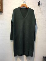 Casual Dresses Dark Green Woman Cashmere Wool Knit Dress V-neck Long Sleeves Drop Shoulder Slit Side Fashion Sweater 2021