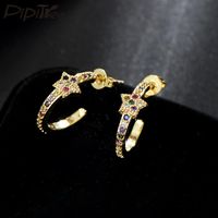 Pipitree Round Circle Loop Earrings With Stars Multi Cubic Zirconia Crystal Gold Color Ear Stud For Women Jewelry Gift