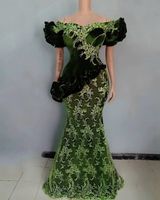 Klassische grüne Spitze ASO Ebi Abendkleider Kurze Ärmeln Puffy Mermaid Frauen Plus Size Prom Kleider Applikationen 2021