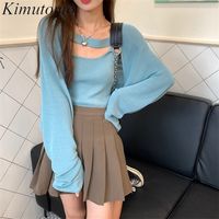 Kimutomo Rahat Örgü İki Parçalı Set Kadın Sonbahar Kore Uzun Kollu Hırka Katı Kısa Sling Triko Moda Takım Elbise 220302
