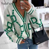 Nadafair 기하학적 패턴 카디건 여성 녹색 빈티지 니트 탑 2021 가을 버튼 긴 소매 겨울 스웨터 코트 Muje x1106