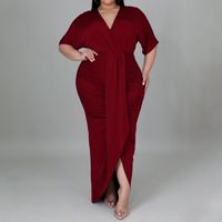Artı Boyutu Elbiseler Tarzı Moda Kadınlar Seksi Gece Kulübü Düzensiz Uzun Kollu V Boyun Şerit Maxi Abiye Toptan