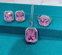Colares de pingente de cristal rosa zircônia cúbica semi preciosa pedra esterlina prata grande quadrado incrustado com diamante moda colar