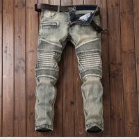 Erkek Tasarımcı Jeans Sıkıntılı Yırtık Biker Slim Fit Motosiklet Denim Erkekler için Moda Streç Katlama Pantolon