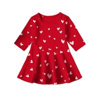 Bebek Kız Aşk Kalp Baskılı Uzun Kollu Elbise 2022 Bahar Çocuklar Kırmızı Pileli Elbiseler Çocuk Sevgililer Giyim A8260
