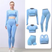 2 3 5PCS Seamless Yoga Set Gym Clothing Fitness Leggings Crop Top Sport Suit Women Long Sleeve Tracksuit sportswear active wear 220121