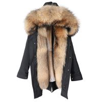 Frauenpelz Faux 2021 Luxus Winterjacke Natürliche Waschbären Kragen Liner Dicke Warme Frauen Real Mantel Abnehmbare lange Parka