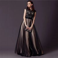 Ladies Special Banquet Party Wear Dress 2022 Black&Champagne A Line Long Tulle Evening Dresses Lace Capped Sleeves Buttons Back Prom Gowns