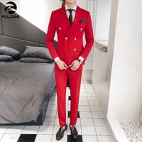 Erkekler Takım Elbise Blazers Folobe Kırmızı Takım Elbise Damat Smokin Slim Fit Erkekler için Düğün 3 Adet (Ceket + Yelek + Pantolon) Blazer Kruvaze