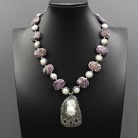 GuaiGuai Jewelry Natural White Pearl CZ Pave Purple Charoite Chunky Rectangle Beads Necklace Amethyst Keshi Pearl Pendant