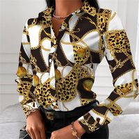 Cuello de desvío de moda elegante mujer blusa Botón casual manga larga otoño tops blusas lady cadena leopardo impresión de la camisa de la oficina 220214