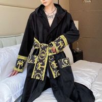 Sleepwear masculina de luxo inverno preto ouro paisley veludo robe homens longo nightgown com capuz roupas de banho quentes