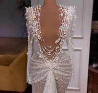 Evening dress women dress Yousef aljasmi V-neck Pearls Mermaid Long dress White Long sleeve With trail Kim kardashian Kylie jenner