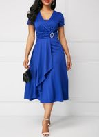 カジュアルドレス夏のエレガントな母親の半袖ロイヤルブルーの気質ファッション非対称ドレス5xl包帯ウエストオフィスミディ