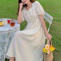 Французское платье женский пузырь рукав летний квадратный воротник талии маленькая белая фея темперамент юбка 210525
