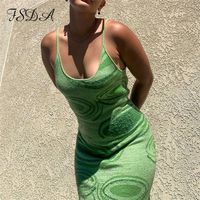 FSDA Print Knit Bodycon Dres Green Summer Hollow Out Sexy Sleeveless Strap Beach Midi Dresses Party 220702