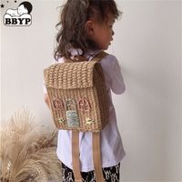 Bolsa tejida de paja de doble hombro de estilo kawaii con mochila con mano para niños 220630