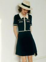 Повседневные платья летние французская сандро-а-line юбка Женщины воротнички с высокой талией тонкая шишка цвет с короткими рукавами