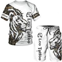 Summer Mens Animal Tracksuits Tattoo White Short Sleeve Tops The Lion 3d Printed O-neck T-shirt Amp Shorts Suit Casual Sportwear