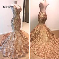 African Gold Prom Dresses Mermaid Halter V Neck 3D Flowers Sleeveless Evening Dress Long Arabic Dubai Party Gowns212D