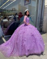 Lavender Lilac Princess Quinceanera Dresses Illusion Long Sleeve 3D Floral Beaded Lace-up Corset Top Prom vestidos de xv años 2022