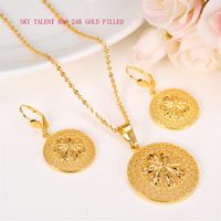 24k Solid Fine Gold Filled New Blossom Fashion Ethiopian Jewelry Set Pendant Necklace Earring Circle Design326G