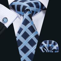 Bow Ties Navy Blue Plaid Silk Wedding Tie For Men Handky Cuf...