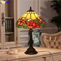 FUMAT tiffany style red rose flower desk lamp green leaf yellow stained glass table light 12inch lampshade handicraft home decor