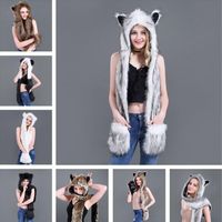 3 In 1 Women Men Fluffy Plush Animal Wolf Leopard Hood Scarf Hat with Paws Mittens Gloves Thicken Winter Warm Earflap Bomber Cap 2344R