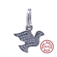 Dangle Dove Symbol of Hope with Clear CZ 100% 925 Sterling Silver Beads Fit Pandora Charms Bracelet Authentic DIY Fashion Jewelry351d