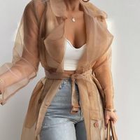 여성용 재킷 여성 패션을 통해 볼 수있는 야외 탑 레이스 업 봄 단단한 메쉬 긴 소매 버튼 코트 벨트 우아함